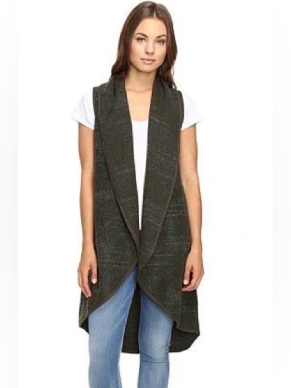 Lucky Brand Wool Blend Women’s Open Front Long Knit Vest - Olive Green Medium
